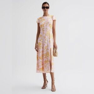 nwt REISS Livia Floral Cut-Out Back Midi Dress Pink Yellow Size 14